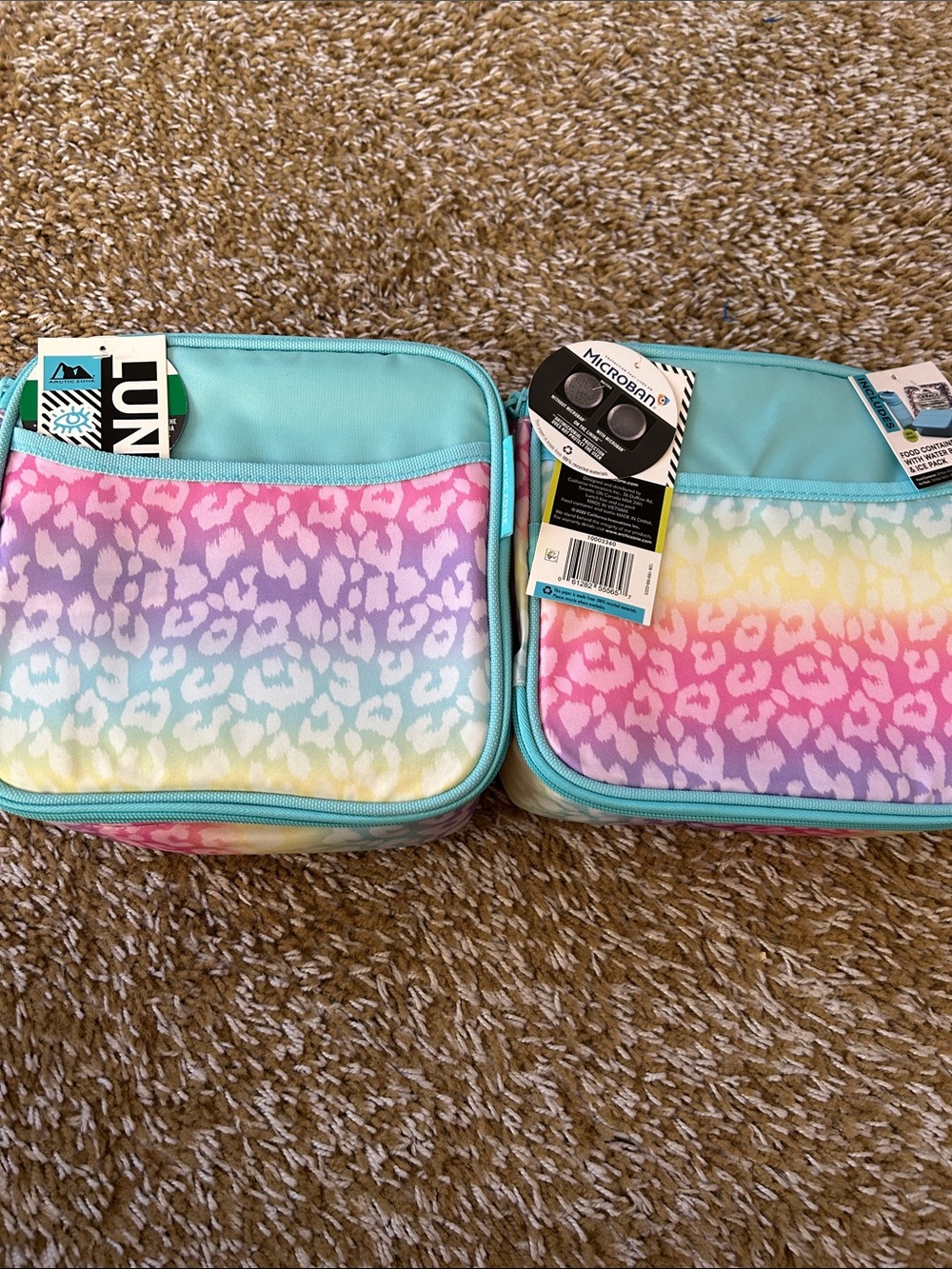 Kids Rainbow Leopard Print Lunch Bag with Aqua Trim